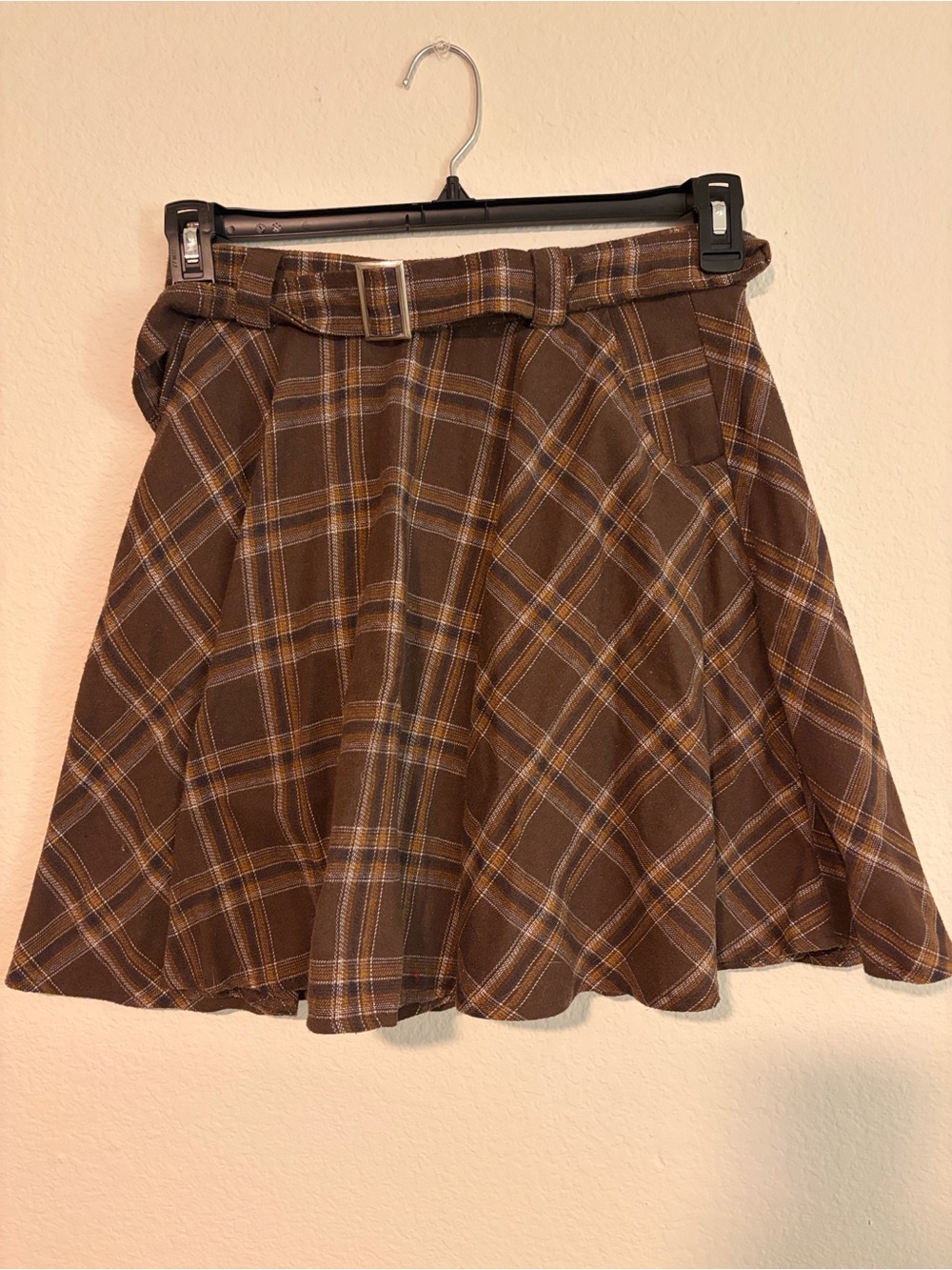 ROMWE Brown Plaid Belted Skater Skirt